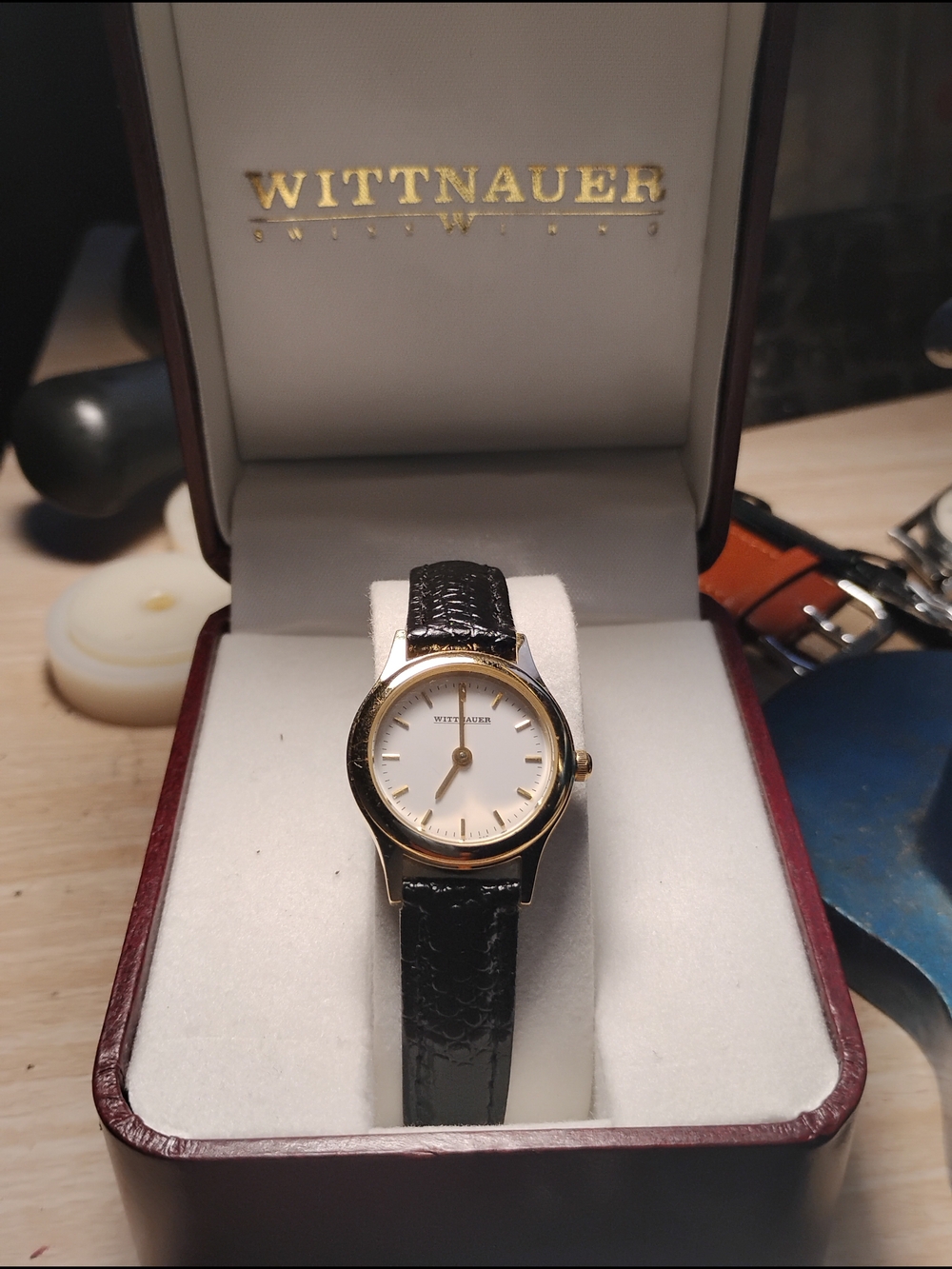 Ladies Wittnauer Swiss Made Classic Gold-Tone Watch with Black Leather Strap